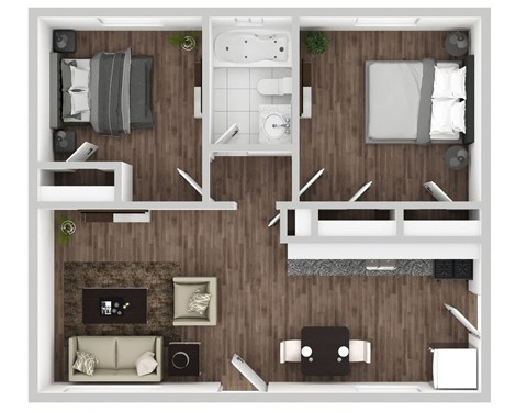 Floor plan for 2 beds, 1 bath, 725 sqft